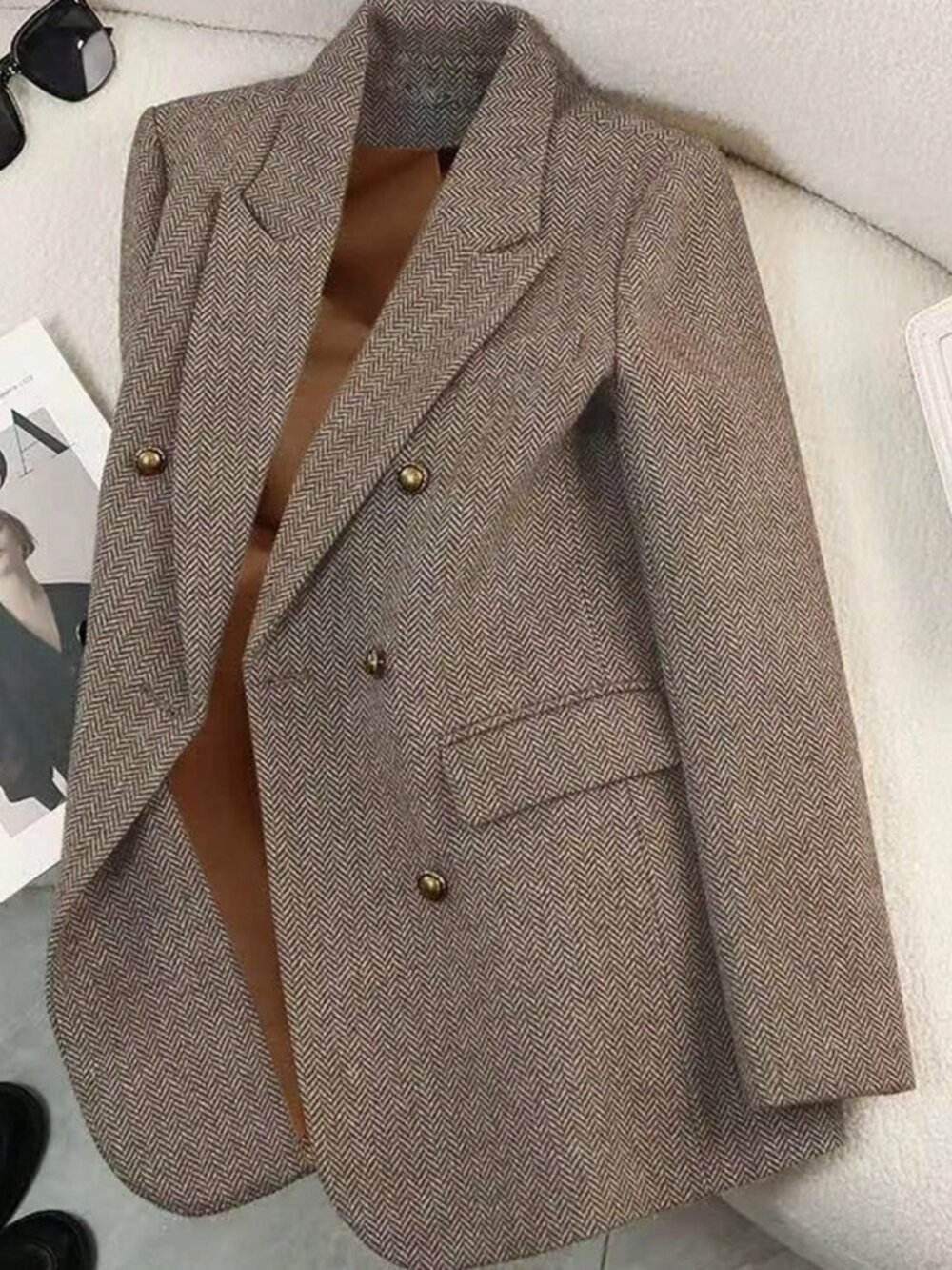 Coffee Brown Elegant Women's Regular Fit Double Breasted Lapel Blazer Jacket